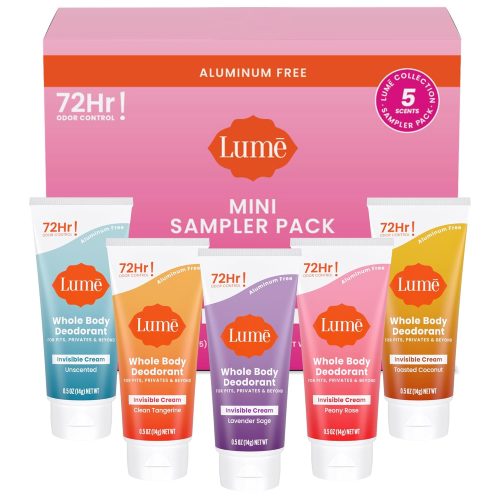 Lume Whole Body Deodorant 5 Pack Sampler - Invisible Cream Minis - 72 Hour Odor Control - Aluminum & Baking Soda Free (Clean Tangerine. Lavender Sage.